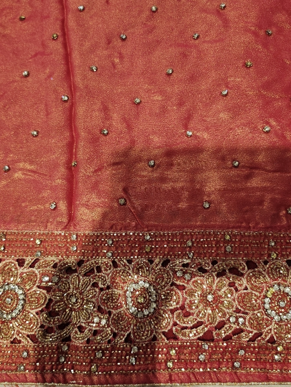 Luxe Embellished Orange Coral Peach Gold Border Saree Fabric Paid $500
